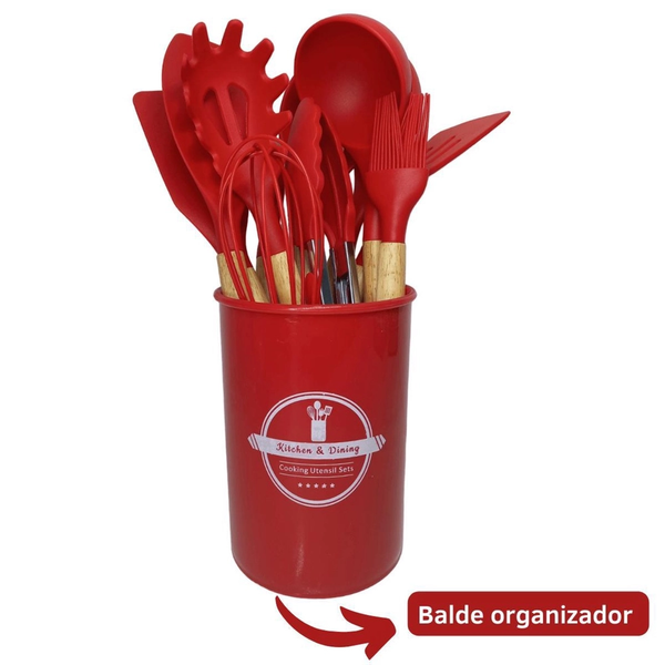 Kit Utensílios de Cozinha 12Pçs - Silicone e Cabo de Madeira